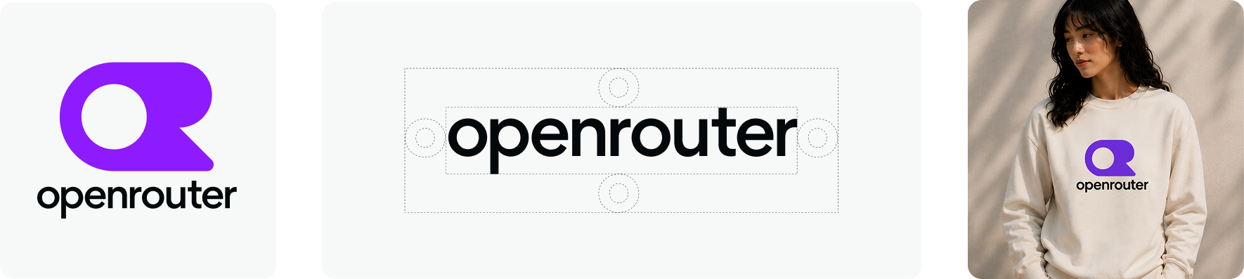OpenRouter brand elements: logo, wordmark, and merch (light mode)